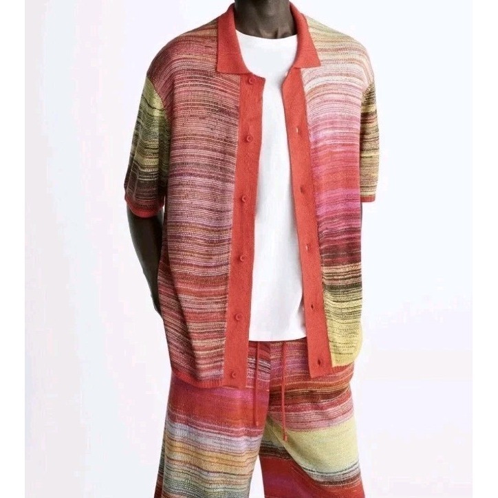 Zara Men's Short Sleeve Button Front Knit Sweater Multicolor Size L Nwot